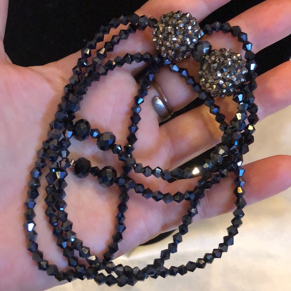 Elegant Hematite Gray Blue hue Beaded double ball tassels Necklace